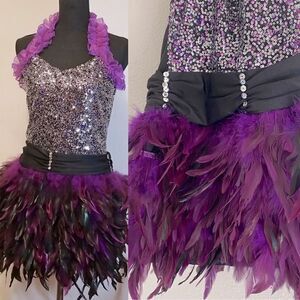 Glamour dance costume purple velvet sequin feather sassy 187 adult small SA -NEW